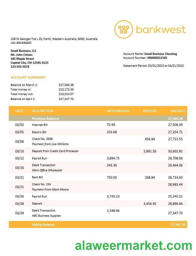 Bankwest business bank statement Word and PDF template